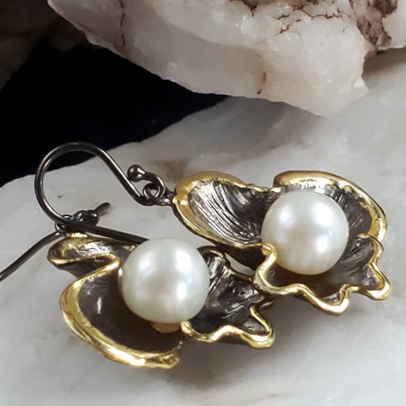 Solid Sterling Silver 925/18K Gold/Black Rhodium Large Freshwater Pearl - Picture 2 of 9